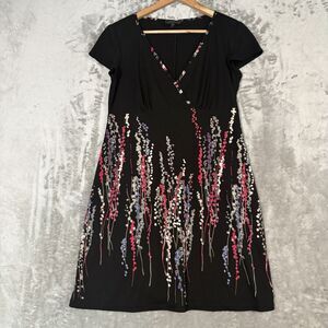 BCBG Dresses Women’s Black Floral Faux-Wrap Mini Dress Size L Y2K Cocktail VTG